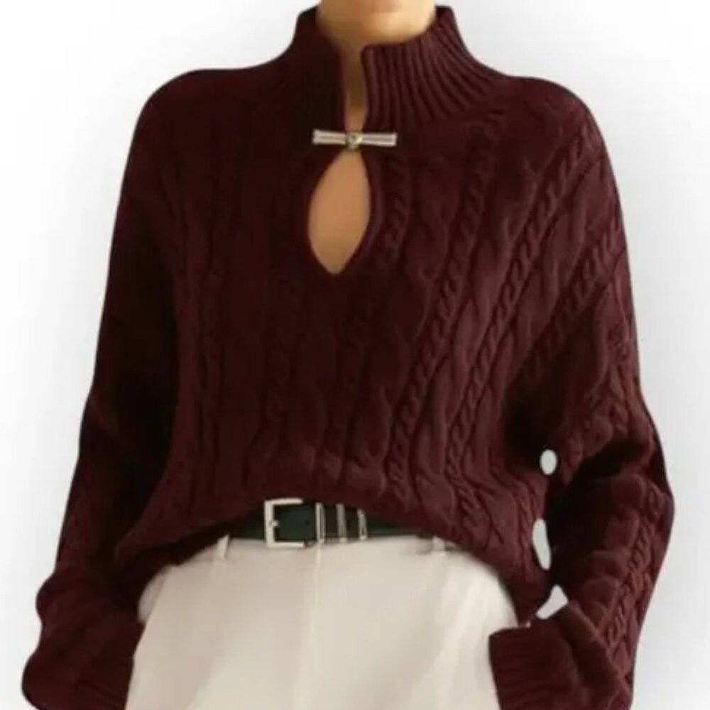 Commense Keyhole Knit Burgundy Sweater with Metal Clasp Detail